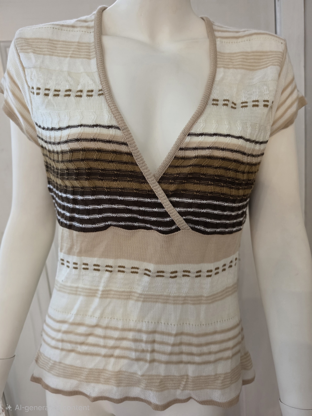 Say What? Striped V-Neck Short Sleeve Knit Top in Cream, Beige and Brown